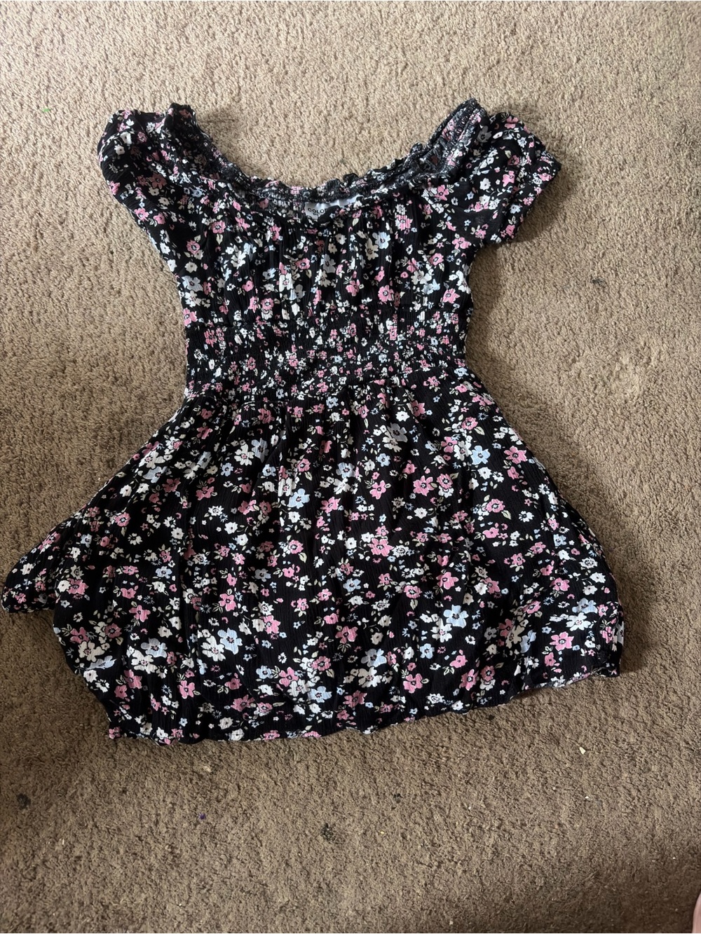 Black Floral Off-Shoulder Summer Dress with Pink & White Flowers